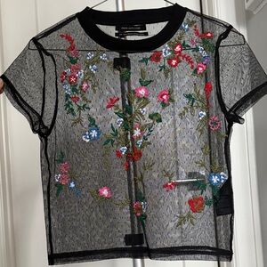 Urban Outfitters Black Sheer Top with Floral Embroidery